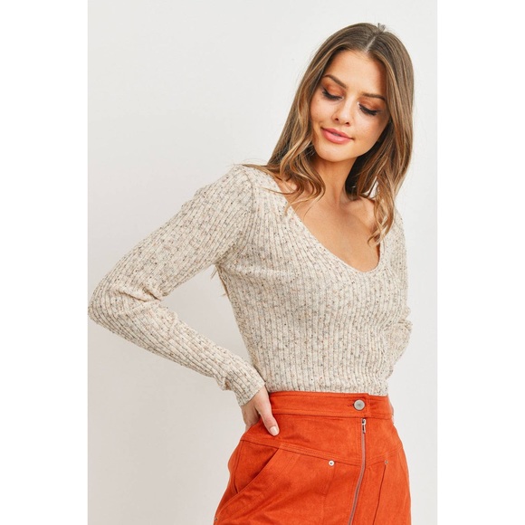 Oatmeal Surplice Back Detail Ribbed Sweater Top - Picture 8 of 11